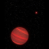 This is an illustration of a planet that is four times the mass of Jupiter and orbits 5 billion miles from a brown-dwarf companion (the bright red object seen in the background). The rotation rate of this "super-Jupiter" has been measured by studying subtle variations in the infrared light the hot planet radiates through a variegated, cloudy atmosphere. The planet completes one rotation every 10 hours — about the same rate as Jupiter. Because the planet is young, it is still contracting under gravity and radiating heat. The atmosphere is so hot that it rains molten glass and, at lower altitudes, molten iron. Because the planet is only 170 light-years away, many of the bright background stars that can be seen from Earth can be seen from the planet's location in our galaxy, including Sirius, Fomalhaut, and Alpha Centauri. Our sun is a faint star in the background, located midway between Procyon and Altair.