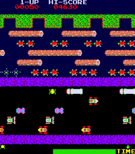 Frogger game screenshot. The frog in the bottom-left corner has to successfully navigate a busy road and a river filled with turtles and floating logs to reach his home in the top part of the screen. The frog’s journey resembles the process of vertical mixing of small grains in protoplanetary disks. (image: https://en.wikipedia.org/wiki/Frogger)