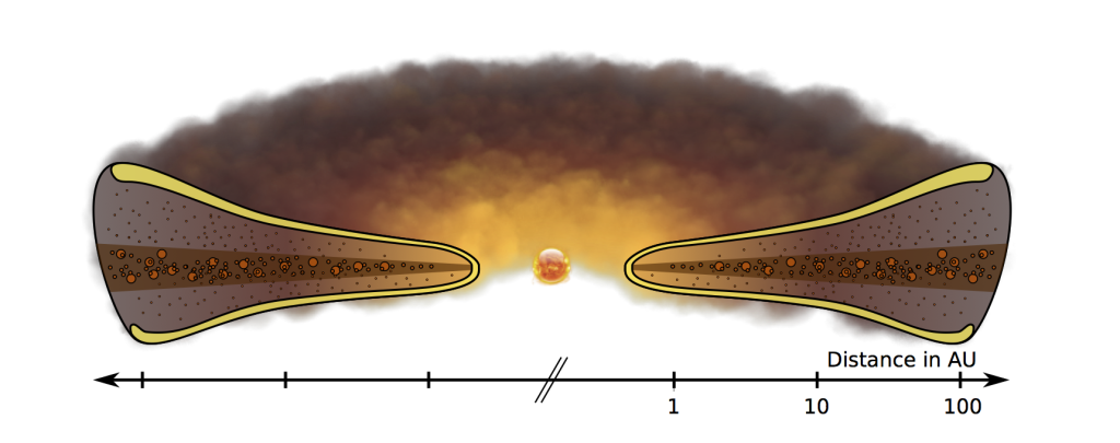Illustration of a protoplanetary disk surrounding a young star. The larger dust particles are concentrated near the disk midplane, while the small grains remain well-mixed vertically. (image: http://www.til-birnstiel.de)
