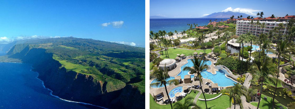 The island of Molokai on the left, largely untouched by tourism and modern megastructures, and the tourist-frequented island of Maui in contrast on the right. (Image credit tripadvisor.com)